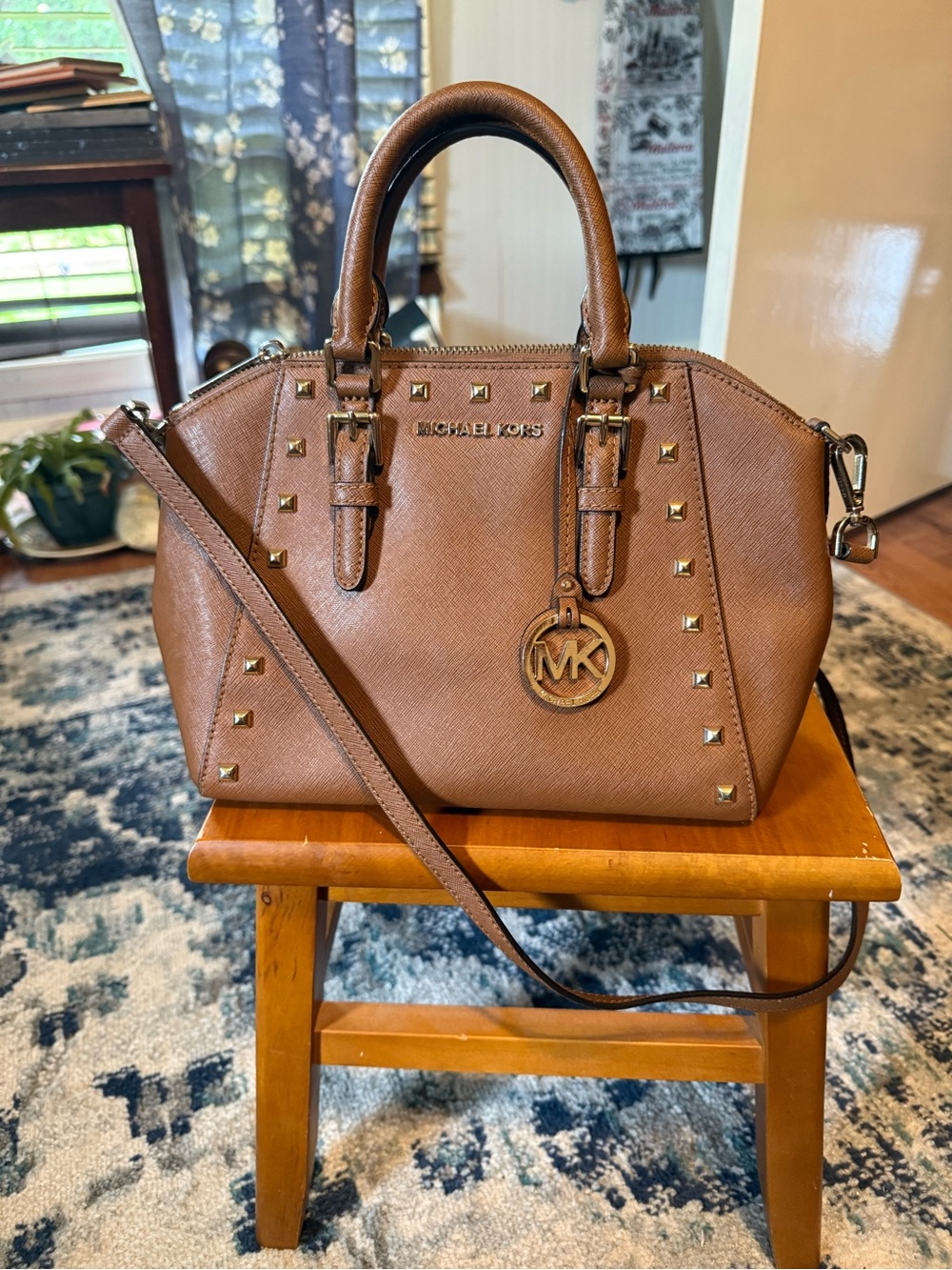 Michael Kors Ciara-Cognac Leather w/Gold Studded Satchel-shoulder & hand straps